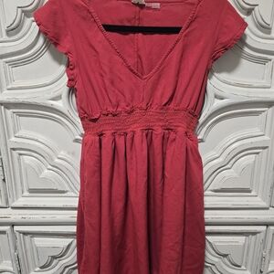 Women's V-Neck Gathered Waist Dress in Deep Coral